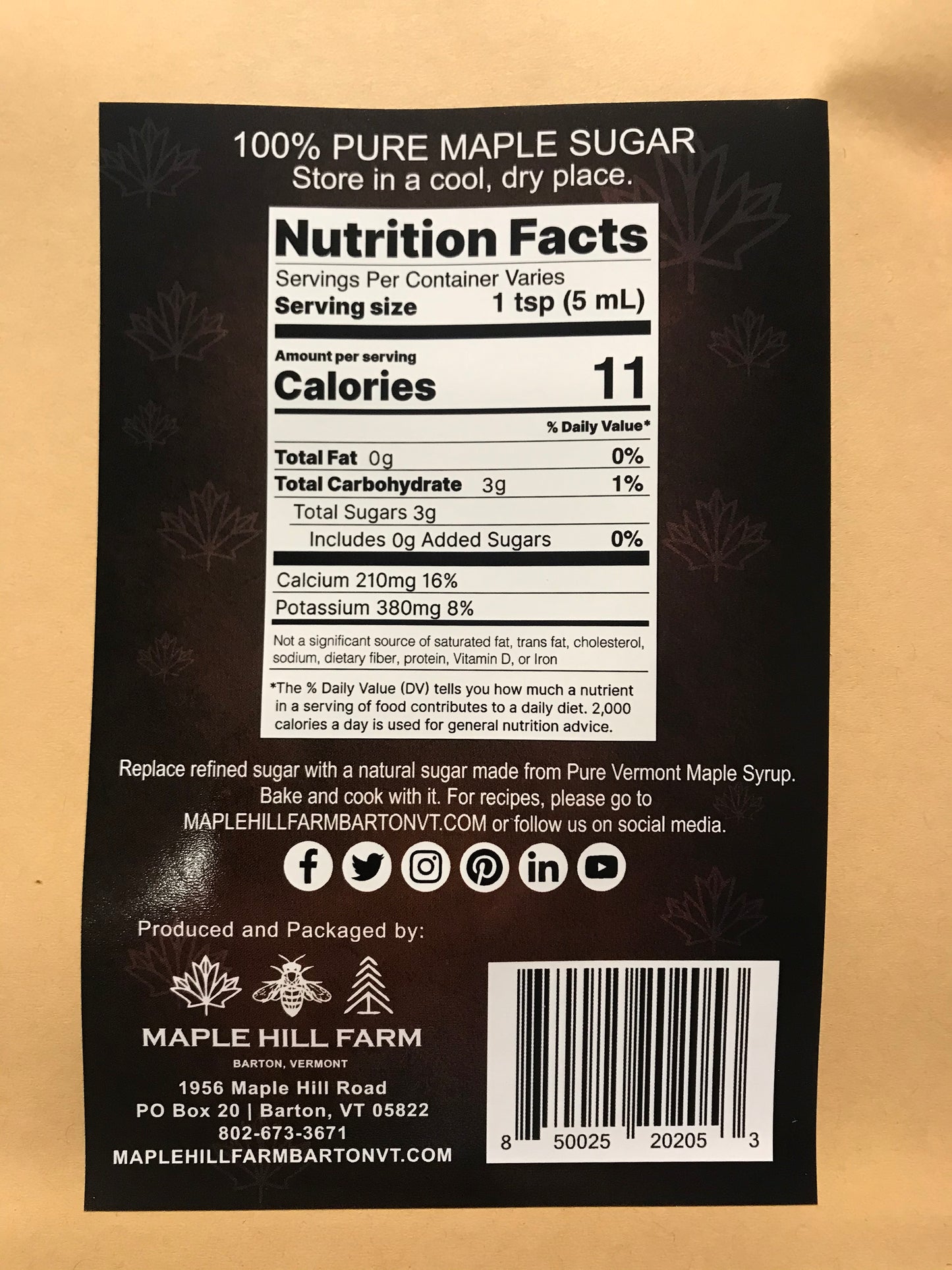 Vermont Maple Sugar Maple Hill Farm Barton Vermont - close up of nutritional label